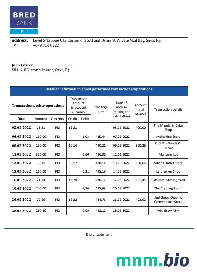 Fidżi Bred Bank statment xls